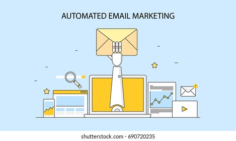 Automated Email Marketing, Marketing Automation, Email Marketing Flat Line Vector Banner Illustration Isolated On Blue Background