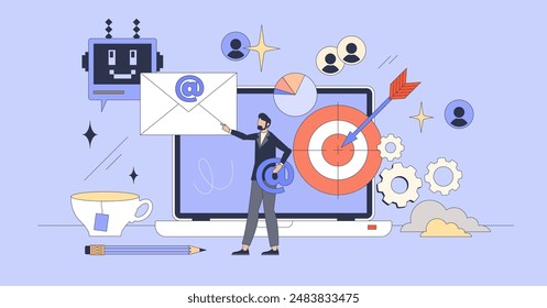 Automated email marketing solution tools tiny person neubrutalism concept. Effective and targeted mail sending automation to reach customers with promotions and commercials vector illustration.