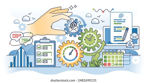 Automatisierte E-Mail-Marketing-Lösungen als digitaler Service skizzieren Hands-Konzept. Business-Newsletter, Nachrichten an Kunde und Kommunikationsautomatisierung mittels Scheduled Letters-Vektorillustration.