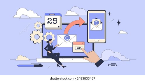 Automated email marketing solutions to send message tiny neubrutalism concept. Scheduled mail letter sending with promotion offers or commercial information for business customers vector illustration