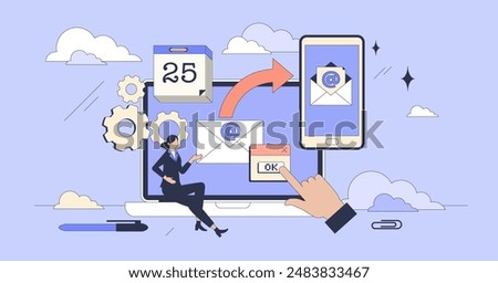 Automated email marketing solutions to send message tiny neubrutalism concept. Scheduled mail letter sending with promotion offers or commercial information for business customers vector illustration