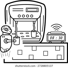 Fabricação de expresso automatizada com conceito de controle sem fio, design de ícone vetorial de tecnologia de fabricação de café inteligente, ilustração de estoque de vida diária futurista