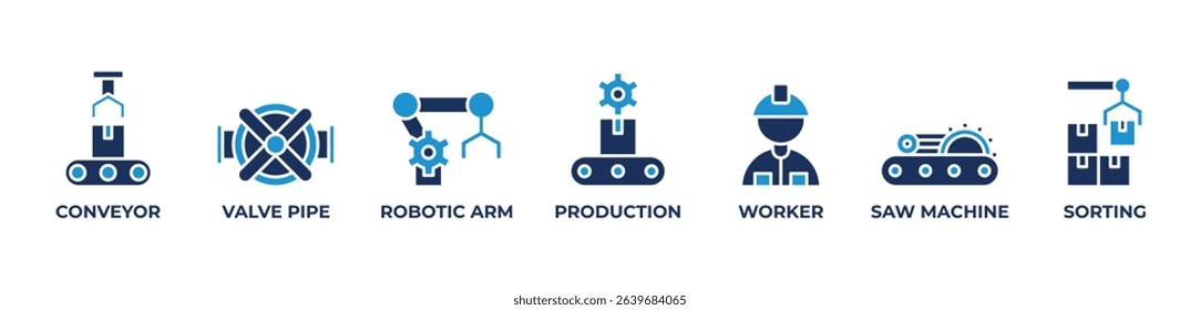Automated Excellence Icons set vector illustration blue with Conveyor, Valve pipe, Robotic arm, Production, Worker, Saw machine, Sorting