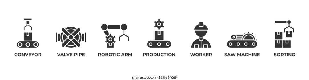 Automated Excellence Icons set vector illustration glyph with Conveyor, Valve pipe, Robotic arm, Production, Worker, Saw machine, Sorting