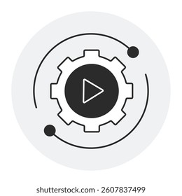 Automated Execution. Flat-outline icon of gear and play button symbolizing automated systems, workflow automation, and digital operations.