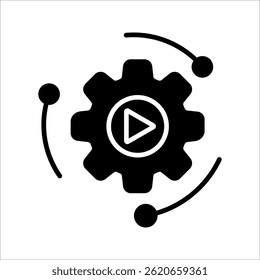 Automatische Ausführung. Flachbild-Symbol für Zahnrad- und Wiedergabetaste, das für automatisierte Systeme, Workflow-Automatisierung und digitale Vorgänge steht.
