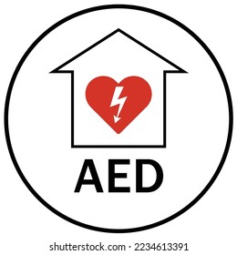 Automated external defibrilator AED emergency aid cpr hearth sign and label arrow direction
