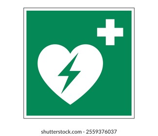 Automated External Defibrillator (AED) Sign Featuring a Green Background with White Heart, Lightning Bolt, and Cross, Indicating the Presence of AED, Available as a Vector File, ISO 7010 E010