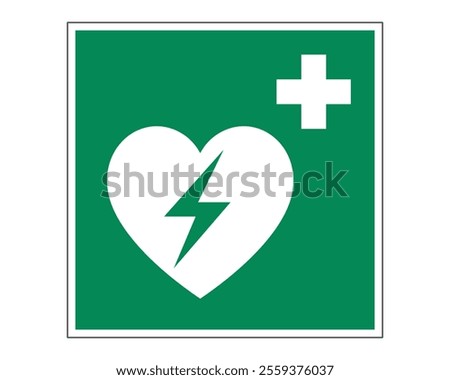 Automated External Defibrillator (AED) Sign Featuring a Green Background with White Heart, Lightning Bolt, and Cross, Indicating the Presence of AED, Available as a Vector File, ISO 7010 E010