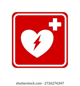  Automated external defibrillator sign, AED heart with lightning bolt and cross, medical emergency, , pictogram