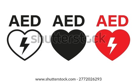 Automated external defibrillator symbol collection in simple flat style, emergency medicine, rescue, heart, and safety
