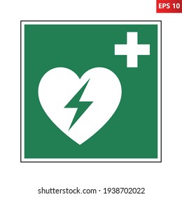Automated external heart defibrillator sign. Vector illustration of green square sign with heart with lightning bolt in the middle. AED symbol isolated on white background.