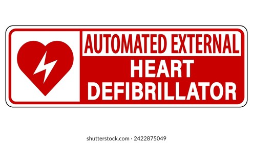 Automated external heart defibrillator. Sign on red background with symbol and text. Horizontal strip. Sticker.