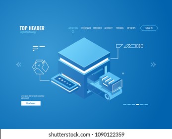 Automated Factory Assembly Line, Production Conveyor, Cloud Sotage , Data Warehouse, Information Encryption Process, Computing Isometric Vector