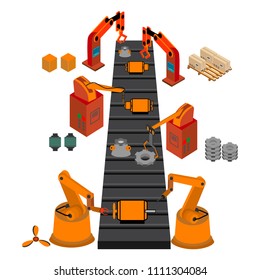 Automated factory assembly line with robotic arm and conveyor belt controlled manufacturing process isometric poster vector illustration
