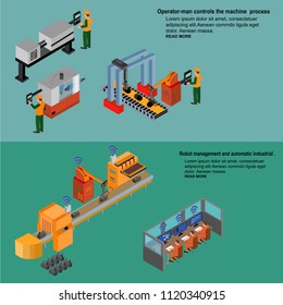 Automated factory assembly line with robotic arm and conveyor belt controlled manufacturing process isometric poster vector illustration.
