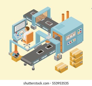 Automated Factory Assembly Line With Robotic Arm And Conveyor Belt Controlled Manufacturing Process Isometric Poster Vector Illustration