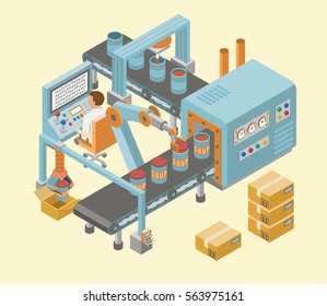 Automated factory assembly line with robotic arm and conveyor belt controlled manufacturing process isometric poster vector illustration