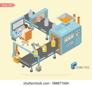 Automated factory assembly line with robotic arm and conveyor belt controlled manufacturing process isometric poster vector illustration. Background of conveyor belt with juice