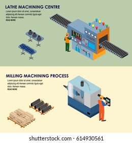 Automated factory assembly line with robotic arm and conveyor belt controlled manufacturing process isometric poster vector illustration