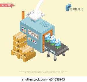 Automated Factory Assembly Line With Robotic Arm And Conveyor Belt Controlled Manufacturing Process Isometric Poster Vector Illustration. Background Of Conveyor Belt With Milk