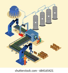 Automated factory assembly line with robotic arm and conveyor belt controlled manufacturing process isometric poster vector illustration