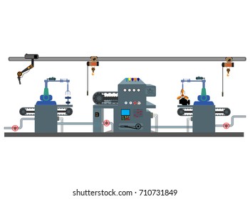 Automated factory assembly line with robotic arm and conveyor belt controlled manufacturing . vector illustration
