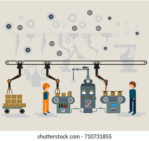 Automated factory assembly line with robotic arm and conveyor belt controlled manufacturing . vector illustration