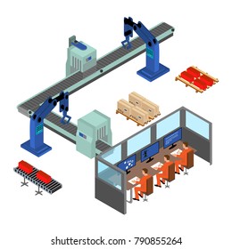 Automated factory assembly line with robotic arm and conveyor belt controlled manufacturing process isometric poster vector illustration.