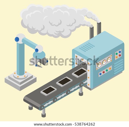 Automated factory assembly line with robotic arm and conveyor belt controlled manufacturing process isometric poster vector illustration