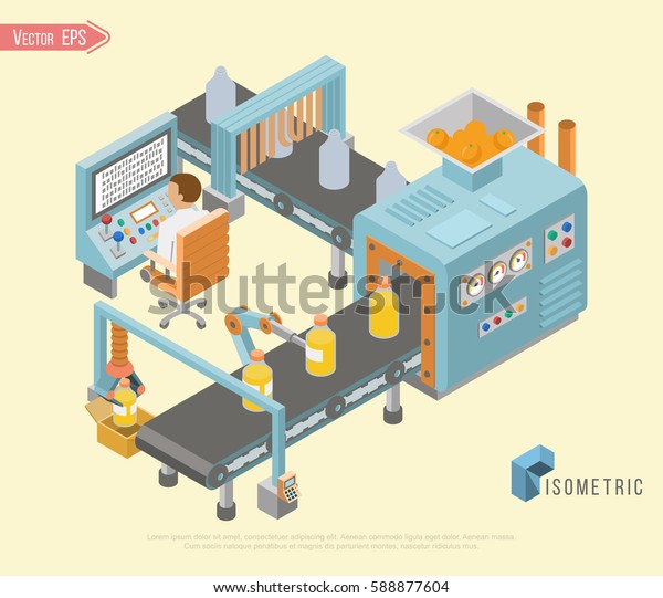 ロボットアームとコンベアベルト制御の製造プロセスのアイソメポスターベクターイラストを備えた 工場での自動組立ライン ジュース付きコンベアベルトの背景 のベクター画像素材 ロイヤリティフリー