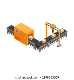 Automated Factory Conveyor, Production 3d Isometric View Isolated on a White Background with Process Line. Vector illustration