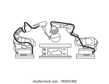 Automated factory equipment vector linear style illustration. Industrial machines, automated production line. Industrial mechanical manufacturing equipment