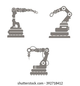 Automated factory robotics.
Vector illustration Icon of industrial robotic arms.
Building and manufacturing.



