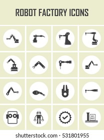 Automated factory robotics. Vector illustration Icon of industrial robotic arms. Building and manufacturing.