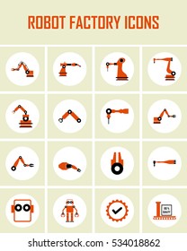 Automated factory robotics. Vector illustration Icon of industrial robotic arms. Building and manufacturing.