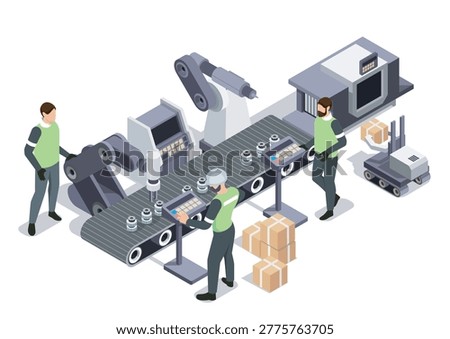 Automated factory scene with operators and robotic arms in isometric style on white background, representing modern industry and production workflow. Hand-drawn vector illustration