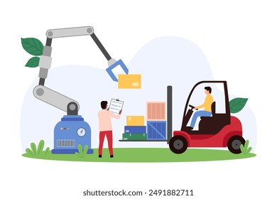 Automated factory warehouse, smart goods distribution for storage in wholesale storehouse. Tiny people workers carry pile of packages with forklift, robot loading boxes cartoon vector illustration