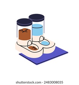 Automated feeder for domestic animals with meal, water, treats. Dispenser of food, feed, snacks for cats, dogs. Automatic electric bowl for pets. Flat isolated vector illustration on white background