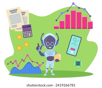 Automated financial advisor with folder vector illustration. Calculator, diagrams, financial reports, money on background. Artificial intelligence, robo-advisor, finance concept 