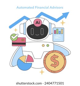 Automated Financial Advisors concept. Depicts AI-driven advice for investments and finance management, symbolizing tech progress. Flat vector illustration