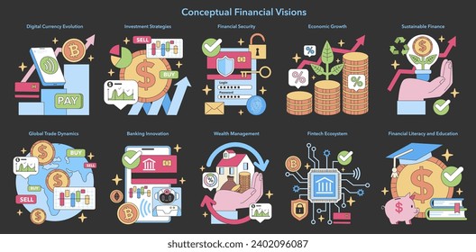 Establecimiento de asesores financieros automáticos. Muestra un consejo impulsado por IA para la gestión de inversiones y finanzas, que simboliza el progreso tecnológico. Ilustración vectorial plana