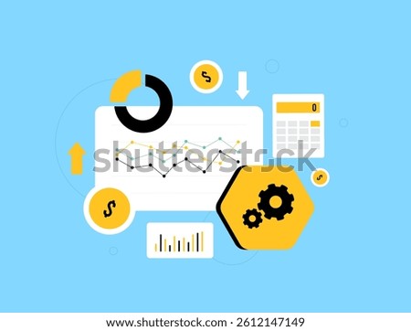 Automated financial forecasting tools support budget planning and cost analysis with data-driven predictions, helping businesses manage resources. Automated forecast vector illustration and icons