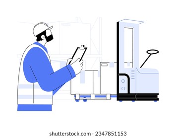 Automated forklift abstract concept vector illustration. Warehouse worker controls guided forklift at factory, wholesale business, foreign trade industry, goods transportation abstract metaphor.