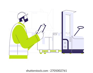 Automated forklift abstract concept vector illustration. Warehouse worker controls guided forklift at factory, wholesale business, foreign trade industry, goods transportation abstract metaphor.