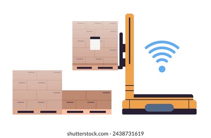 Automated forklift with pallet boxes on isolated background. Robot loader flat illustration