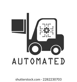 Automatisiertes Gabelstaplerzeichen. fahrerloses Trägerfahrzeug. Autopilot Lagerhaus Ladeletter Symbol. AI fährt. Schwarz-Weiß-Vektorgrafik.