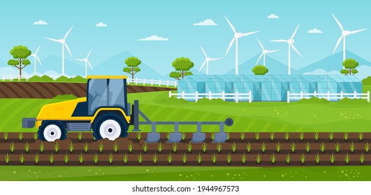 Automated greenhouse. Robotic glasshouse farming. Future farming technology. Modern vegitables growing irrigation automation. Flat cartoon vector illustration concept design. Simple art svg
