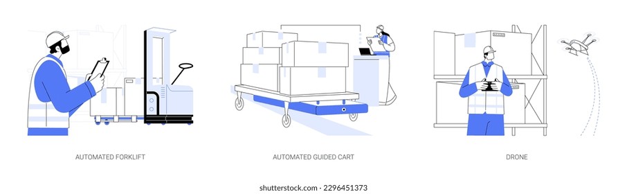 Conjunto de ilustraciones vectoriales abstractas de vehículos guiados automatizados. Elevador automático de horquilla, carro auto-conducido, uso de drones en el comercio mayorista y de almacenamiento, metáfora abstracta de transporte de mercancías.