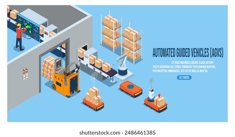 Automated Guided Vehicles (AGVs) and Autonomous Mobile Robots (AMRs) concept with Automated warehouse robotic and autonomous robot transportation service. Vector illustration EPS 10